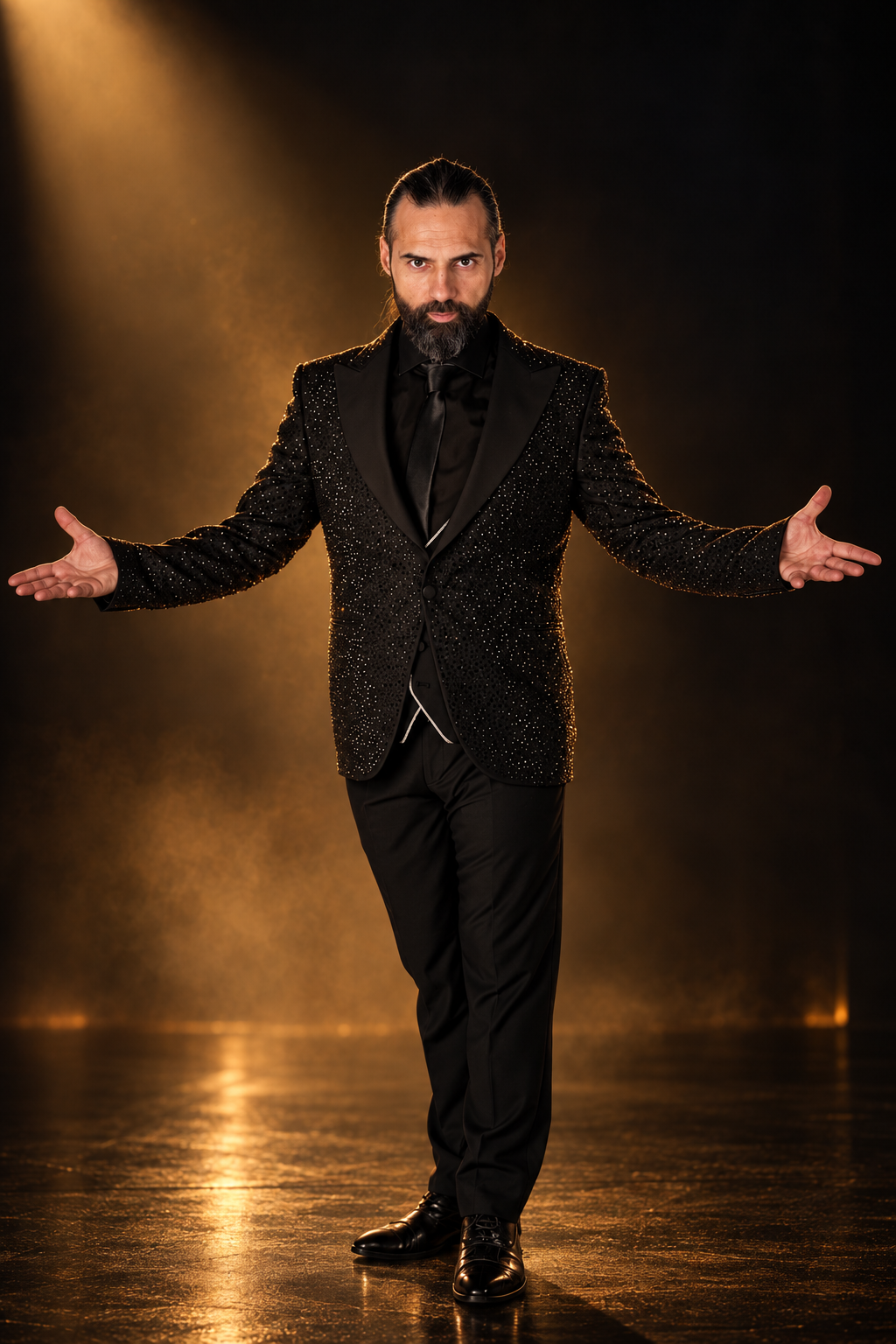 Dario De Remigis in smoking con brillantini, braccia aperte sul palco illuminato