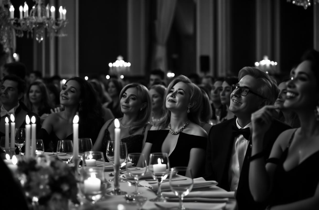 Pubblico aziendale in un gala di lusso che reagisce con stupore