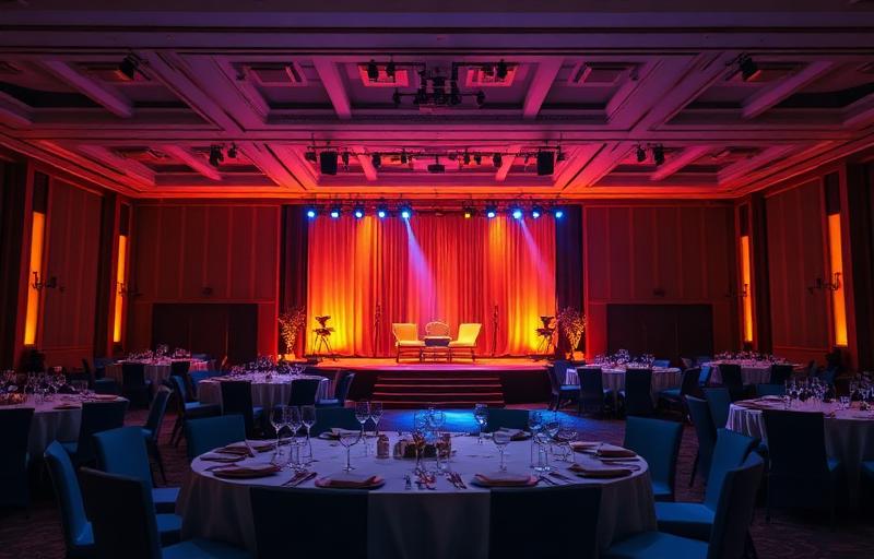 Sala da gala illuminata con palco e luci sceniche
