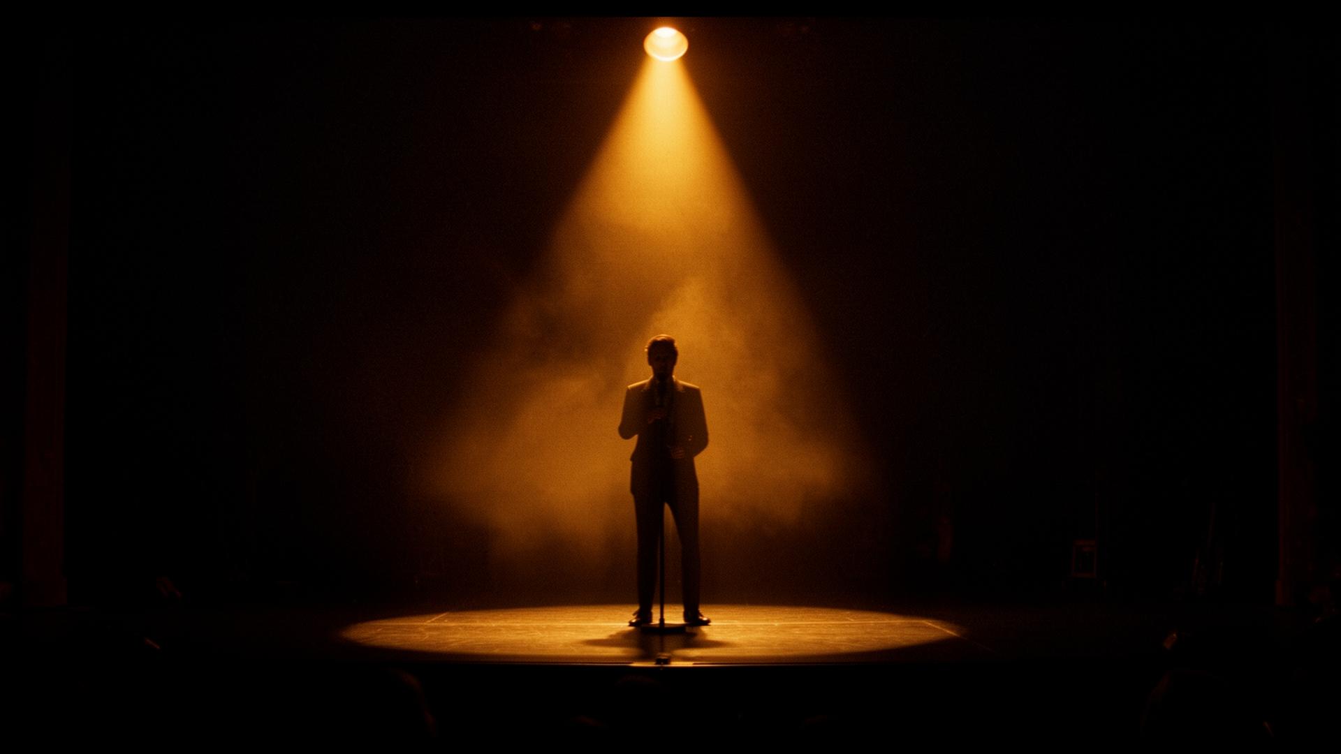 Performer su palco teatrale illuminato da un singolo riflettore caldo